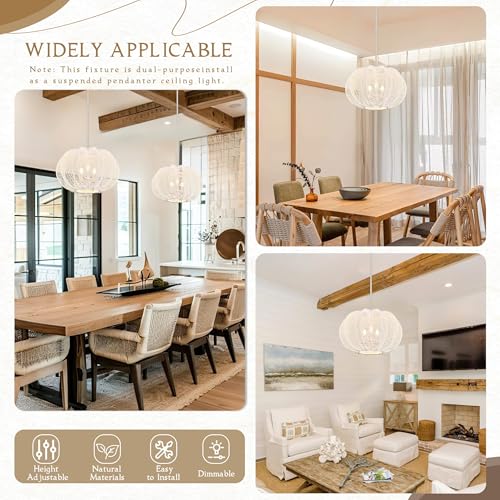 17.7 Inch Rattan Pendant Light White Hemp Rope Rattan Light Fixture Wicker Chandelier Woven Pendant 3-Light Boho Chandelier for Kitchen Island - color: 17.7" White