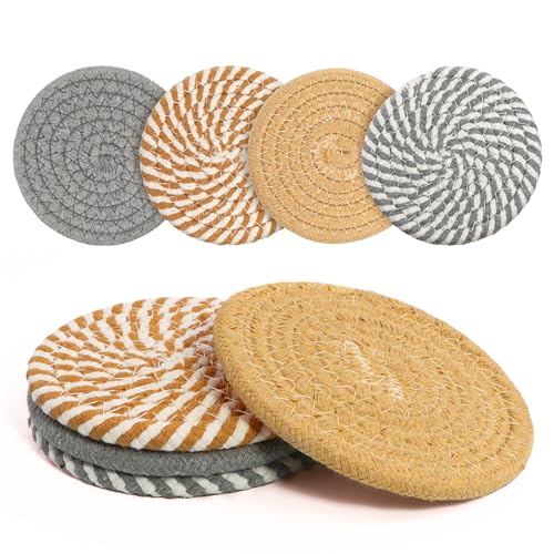 Coasters Set of 4 for Drinks, Cotton Woven 4 Colors Absorbent Boho Coasters for Home Decor Cups - Hot or Cold Drink Thickened (Grey Mixed Khaki) - color: Grey Mixed Khaki