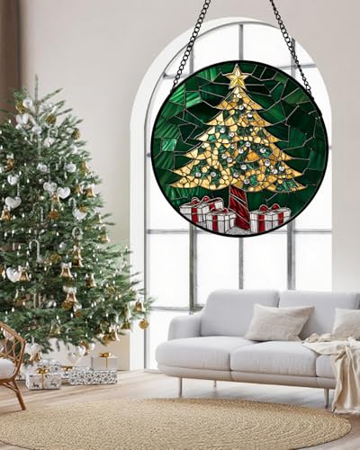 Stained Glass Window Hanging - Gold Green Christmas Tree Suncatcher for Doors Home Christmas Decoration Winter Sun Catcher Thanksgiving New Year Birthday Gifts for Women Men Mom Nana 6.3 in - color: Green and Gold, size: 6.3x6.3 IN