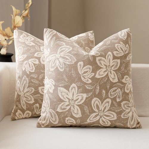 FIOUOVO Floral Throw Pillow Covers 20x20 Set of 2 Farmhouse Pillow Covers Vintage Neutral Accent Pillowcases Decorative Cushion Covers for Sofa Couch Living Room Bedroom Home Decor, Neutral - color: Neutral, size: 20" x 20" (Pack of 2)