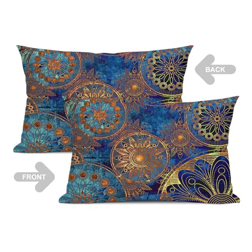 Boho Floral Lumbar Pillow Covers 12 x 20 Set of 2 Bohemian Ethnic Style Linen Throw Pillow Cover Mandala Pattern Vintage Blue Decorative Pillowcases for Living Room Couch Bed Sofa Outdoor - color: Boho, size: 20" x 12" (Pack of 2)
