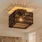 Rpzloila Rattan Ceiling Light, Black Boho Light Fixture, Square Flush Mount Ceiling Light for Bedroom, Hallway, Entryway, Kitchen, Laundry - color: Black, size: 1-Light-Square