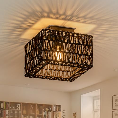 Rpzloila Rattan Ceiling Light, Black Boho Light Fixture, Square Flush Mount Ceiling Light for Bedroom, Hallway, Entryway, Kitchen, Laundry - color: Black, size: 1-Light-Square