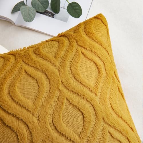 MIULEE Summer Mustard Yellow Throw Pillow Covers 18x18 Inch, Soft Plush Faux Wool Solid Couch Pillows Set of 2, Decorative Farmhouse Boho Cushion Covers for Sofa Living Room Bed Home Decor - color: Mustard Yellow, size: 18" x 18" (Pack of 2)