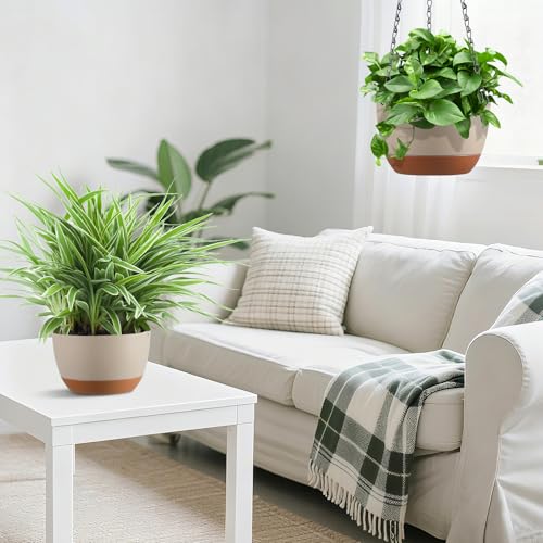 Set of 2 Hanging Planters for Indoor Outdoor Plants, 8 Inch Self-Watering Hanging Flower Pots with Drainage Hole & Removable Water-Storage Tray (Hooks) - color: Beige, size: 8 Inch (S)