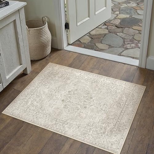 PureCozy Beige 2x3 Area Rug Washable Vintage Small Carpet for Entryway Kitchen Soft Retro Floral Low Pile Thin Door Mat Non Slip Central Medallion Throw Rug for Bathroom Office Bedroom Dining Room - color: Beige, size: 2' x 3' (Rectangular)