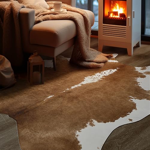 BENRON Premium Faux Cowhide Rug, Cow Print, Rustic Western Rugs for Living Room Bedroom, Irregular Animal Skin Hides, 4.6 x 5.2ft, Anti-Skid Cool Carpets for Cowboy Cowgirl Home Decor, Khaki Brown - color: Caramel, size: 4'7" x 5'2" (Irregular)