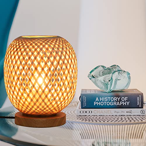 Capslpad Dimmable Rattan Table Lamp - Bamboo Woven Handmade Boho Beside Light, Small Wicker Desktop Nightstand Accent for Kids Living Room, Bedroom, Dorm Decor