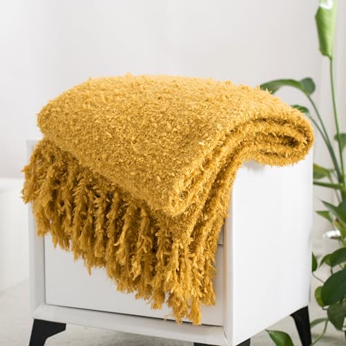 Winter Knit Throw Blanket Fluffy Fuzzy Soft Lightweight Cozy Farmhouse Tassels Chunky Knitted Throws for Couch Sofa Bed (Mustard Yellow, 50"x60") - color: Mustard Yellow, size: 50"x60"