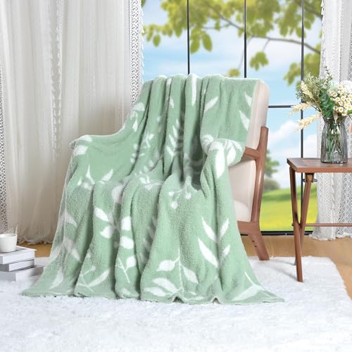 Leaf Pattern Throw Blanket Soft Cozy Spring Blanket for Bed, Couch, Sofa Lightweight Breathable Stylish Seasonal Home Decor Blanket Sage Green 60x80 Inches - color: Leaf Sage Green, size: 60x80