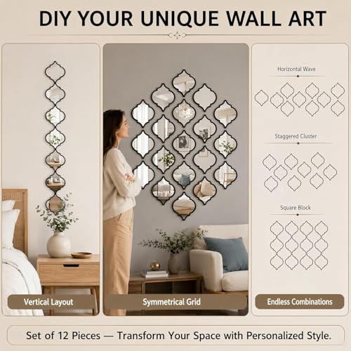 12Pcs Acrylic Mirrors for Wall Decor - Moroccan Mirrors wall Stickers,DIY Self-Adhesive Decorative Mirror Tiles for Living Room, Bedroom, Office, and Wedding Party Decor - color: Black