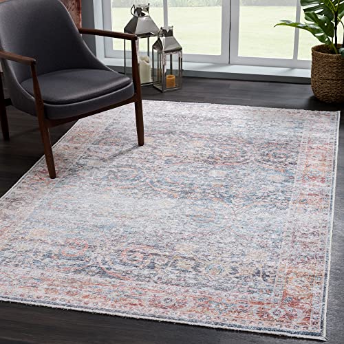 Bloom Rugs Washable Non-Slip 2x3 Rug - Ocean Blue/Brick Traditional Oriental Area Rug for Living Room, Bedroom, Dining Room, and Kitchen - Exact Size: 2' x 3' - color: Ocean Blue / Brick, size: 2' x 3' (Rectangular)