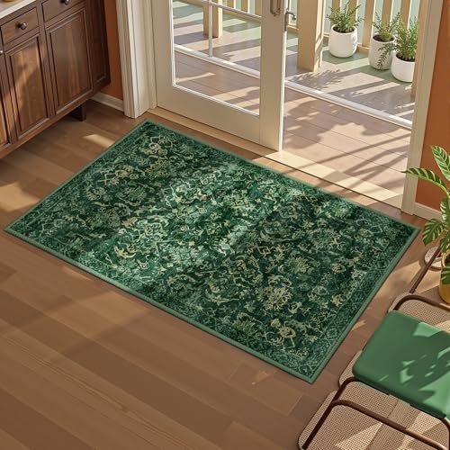 Dark Green Area Rug 2x3 Entryway Rug for Bedroom Bathroom, Non-Slip Low-Pile Washable Distressed Boho Carpet Retro Accent Doormat for Laundry Room Hallway Kitchen 24x36 Inch - color: Dark Green, size: 2'x3'