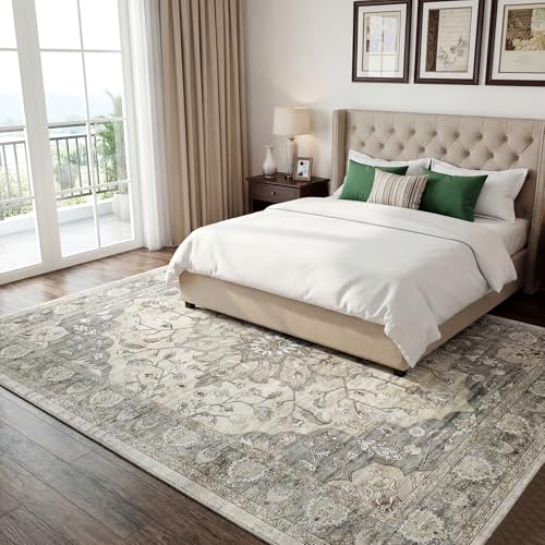 10x12 Area Rugs for Living Room, Machine Washable Boho Vintage Rug, Waterproof Surface & Non-Slip Backing, Foldable Soft Low Pile Floral Medallion Carpet for Bedroom Dining Room - color: Beige/Grey, size: 10' x 12' (Rectangular)