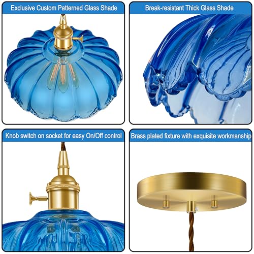 Hardwired Pendant Light Fixture, Hanging Light Fixture, Glass Shade Pendant Light with Rotary Switch, Modern Lamp for Kitchen Island, Bedroom, Dining Room, Living Room (Blue, 6 Ft Cord) - color: Blue, size: 6 ft