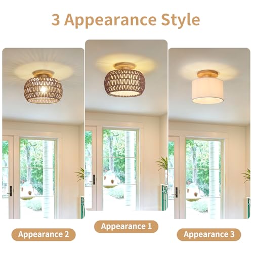 Boho Rattan Ceiling Light Fixture - 3 Style Options Wicker Semi Flush Mount Ceiling Lights,Brown Coastal Light Fixtures,Bohemian Woven Basket Chandelier for Hallway Bedroom Nursery Kitchen Laundry - color: Brown