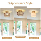 Boho Rattan Ceiling Light Fixture - 3 Style Options Wicker Semi Flush Mount Ceiling Lights,Brown Coastal Light Fixtures,Bohemian Woven Basket Chandelier for Hallway Bedroom Nursery Kitchen Laundry - color: Brown