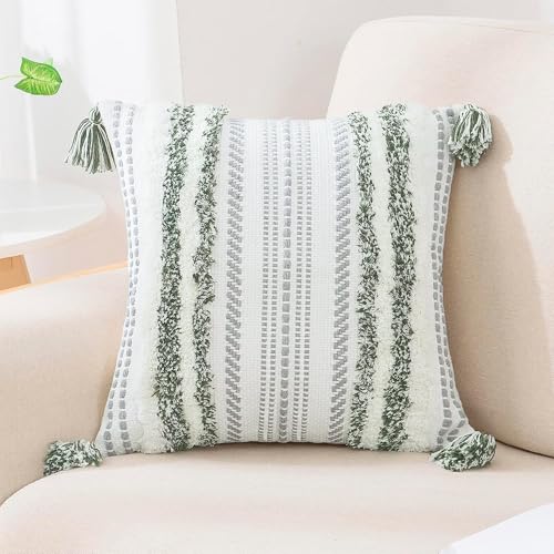 decorUhome Summer Decorative Boho Throw Pillow Cover 18x18, Accent Neutral Textured Tufted Pillow Cover Striped for Couch Bed Sofa, Green and Cream White, Pack of 1 - color: Green and Cream White, size: 18" x 18" (Pack of 1)