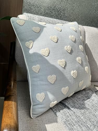 VAGMINE Hand Embroidered Heart Tufted 18x18 Throw Pillow Cover - Blue Grey Cotton Square Cushion for Sofa Couch Bed Nursery - Boho Valentine Decor - French Knots - color: Robins Egg-french Knots, size: 18" x 18" (Pack of 1)