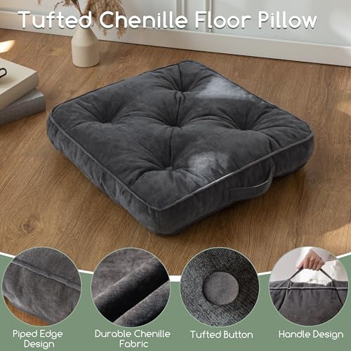 HIGOGOGO Large Floor Pillow Cushion for Adults, Meditation Cushion Pillow with Handle, Lustrous Chenille Tufted, Square Floor Sitting for Tatami Living Room or Yoga, 22x22 Inch, 2Pack, Dark Grey - color: Square Dark Grey, size: 4" Thick(Pack of 2)
