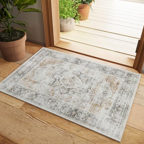2x3 Small Area Rugs for Entryway: Washable Rug Non Slip Door Mat Indoor Entrance Soft Low Pile Throw Rugs for Inside Front Door Floor Entry Bedroom Bedside Kitchen Nursery Dorm Home Office - color: Grey and Orange, size: 2' x 3' (Rectangular)