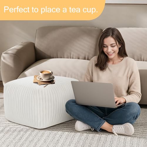 MeMoreCool Square Stuffed Pouf Ottoman Foot Rest, Stripe Furry Floor Pouf Foot Stool with Foam Chunk Filling, Soft Fluffy Stuffed Ottoman Footrest for Living Room, Faux Fur Beige - color: Ribbed Beige