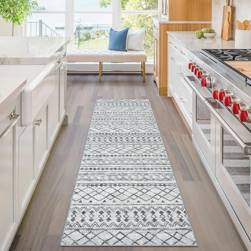 KUTA 2x6 Washable Runner Rug Non-Slip, Grey Moroccan Boho Rug Runner for Hallways Distressed Geometric Vintage Kitchen Rugs, Ultra Soft Floor Mat for Entryway, Bathroom, Laundry, Living Room, Bedroom - color: Grey, size: 2' x 6' (Runner)