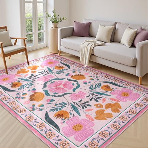Beeiva Pink Flower 5x7 Rugs for Bedroom Girls, Nursery Rug for Dorm Carpet with Low-Pile Non Slip, Soft Floral Indoor Ultra-Thin Carpet for Classroom Living Dining Room Décor (Pink,5'x7') - color: Pink, size: 5' x 7' (Rectangular)
