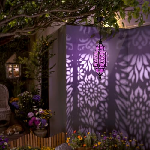 Twinkya Hanging Solar Lights Outdoor Garden Decorative Solar Lantern Waterproof Metal Moroccan Outdoor Decorations for Patio Pathway Yard Porch Backyard Garden Decor (Purple, 1 Pack) - color: Purple, size: 1pack