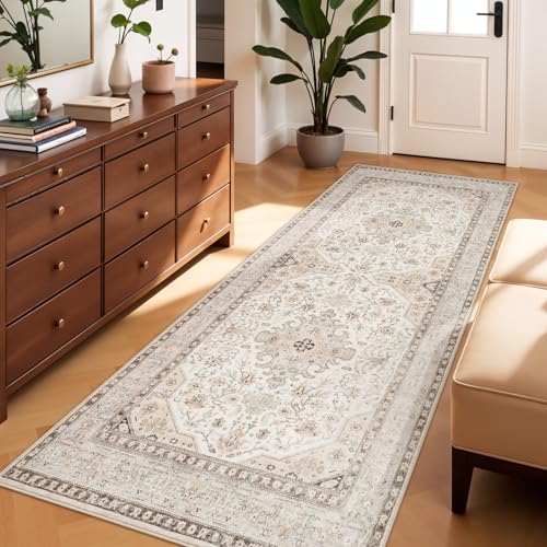 3x7 Rug Runner Washable Kitchen: Non Slip Oriental Rugs for Entryway - Ultra Thin Low Pile Stain Resistant Indoor Carpet - Home Decor for Vintage Style Lover - 3x7 Ivory - color: Ivory, size: 3' x 7' (Rectangular)