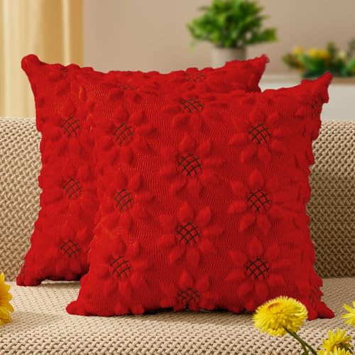 DFXSZ Spring Summer Pillow Covers 18x18 inch Set of 2 Farmhouse Decor Brown Flower Heart Sunflower Red Soft Plush Faux Fur Jacquard Throw Pillows for Sofa Holiday Spring Home Decor PTK024K18 - color: Red, size: 18" x 18" (Pack of 2)