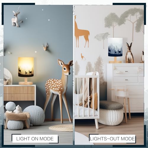 VIHOSE Woodland Deer Bedside Table Lamp Watercolor Winter Forest Tree Animal Deer Nightstand Lamp with Wood Base Fabric Lamp Shade Bedside Desk Lamp for Living Room Bedroom Kids Room Office - style: Watercolor Forest Deer