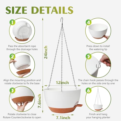 GARDIFE Hanging Planters for Indoor Outdoor Plants, 2 Pack Self Watering Hanging Pot with Drainage Holes & Removable Tray (White, 12 inch) - color: White, size: 12 Inch