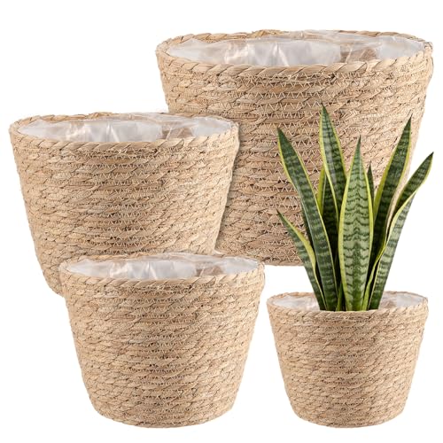 Set of 4 Seagrass Planter Basket, 6" 7" 9" 10" Hand Woven Plant Basket with Waterproof Plastic Liner, Round Natural Flower Pot for Indoor Outdoor Modern Home Decoration, Brown