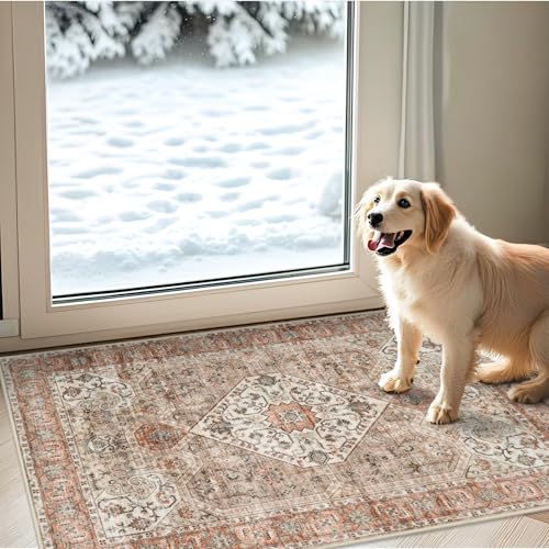 Washable 2x3 Entryway Area Rug: Vintage Non-Slip Backing Rugs for Kitchen Bathroom Water Resistant Carpet for Bedroom Soft Low Pile Front Door Mat for Dining Room 2x3 Brown/Orange - color: Brown/Orange, size: 2' x 3' (Rectangular)