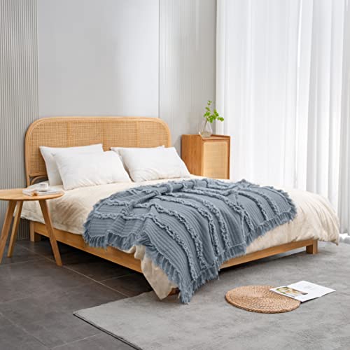 Ultra Soft Pre-Washed Quilted Throw Blanket, Ruffle Fringed Dark Blue Decorative Throw, Stone Washed Chic Rustic Blanket for Sofa Couch Bed Chair, 50"x 60" - color: Dark Blue, size: 50"x60"