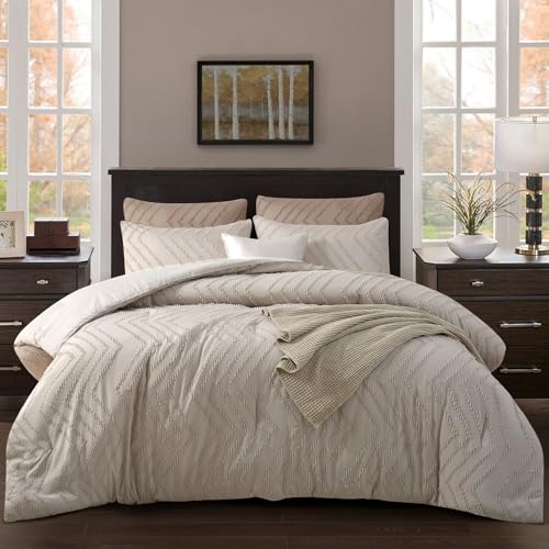 Oatmeal Tufted King Comforter Set 3 Pieces | Boho Farmhouse Bedding, All Season, Soft Microfiber, For Women Girls Teens
