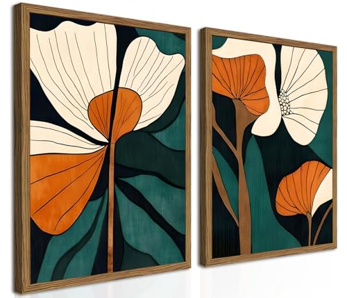 Mid Century Modern Flower Wall Art Vintage Abstract Botanical Wall Decor Painting Set of 2 Mid Century Boho Dark Floral Poster Canvas Print Pictures for Living Room Bedroom 12x16 inch Wood Framed - color: Floral B, size: 16"L x 12"W