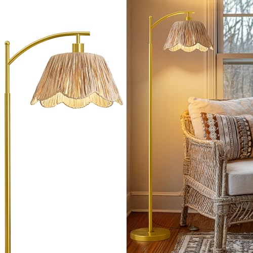 Oneach Arc Floor Lamp for Living Room,Rattan Boho Floor Lamp with Hand-Woven Shade, Foot Switch,Gold Metal Base & Pole,Farmhouse Standing Lamp for Bedroom Corner,Reading - color: Brushed Gold