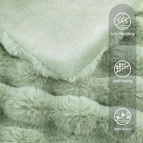 Faux Rabbit Fur Throw Blanket for Couch, Fluffy Warm Plush Thick Bubble Blanket for Bed Sofa Living Room, Soft Cozy Furry Blanket, 50x60 inches, Sage Green - color: Sage Green, size: Throw50"x60"