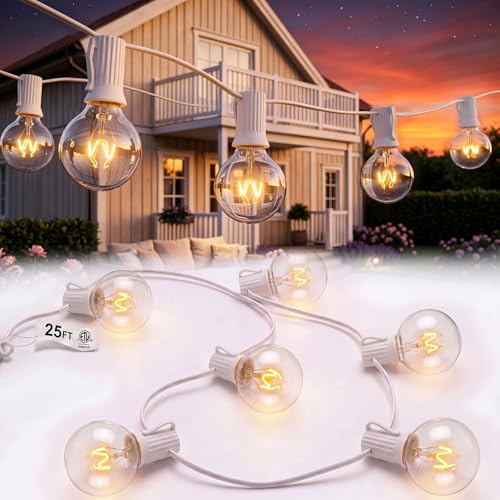 Abeja 25FT Outdoor White String Lights, G40 Globe Patio Lights with 27 Clear G40 Bulbs, Waterproof Hanging Outdoor Light for Backyard Porch Balcony Party Decor - White Wire - color: 25FT Amber White-White, size: 25FT