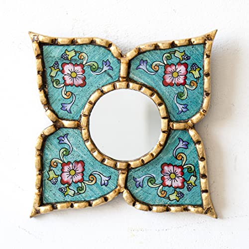 Peruvian Artisan Mirror for wall Decor– Small Diamond/Square wall Mirror with Bronze Leaf Frame (Turquoise) - color: Turquoise