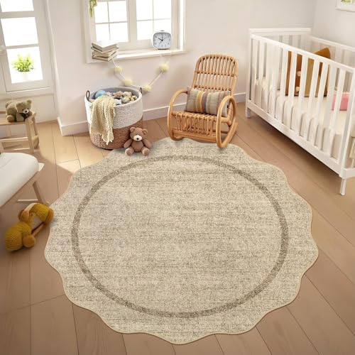 GarveeHome Scalloped Round Washable Rug, Soft Modern Round Rugs 5ft Circle Carpets for Bedroom Ultra-Thin, Boho Jute Print Distressed Circular Carpet for Living Room Dorm Bedside, Jute - color: Jute, size: 5' (Round)