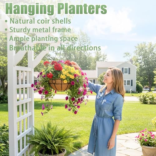 2 Pack 12 Inch Hanging Baskets for Plants Outdoor Metal Hanging Planters Round Hanging Flower Pots with Coco Coir Liner Plant Holder for Outdoor Patio Garden Balcony Decor - Circular - color: Circular