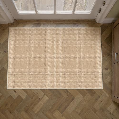 2x3 Brown Area Rug for Entryway Machine Washable Low Pile Checkered Mat Modern Accent Soft Non Slip Small Carpet for Entrance Bathroom Bedroom Indoor - color: Brown, size: 2' x 3' (Rectangular)