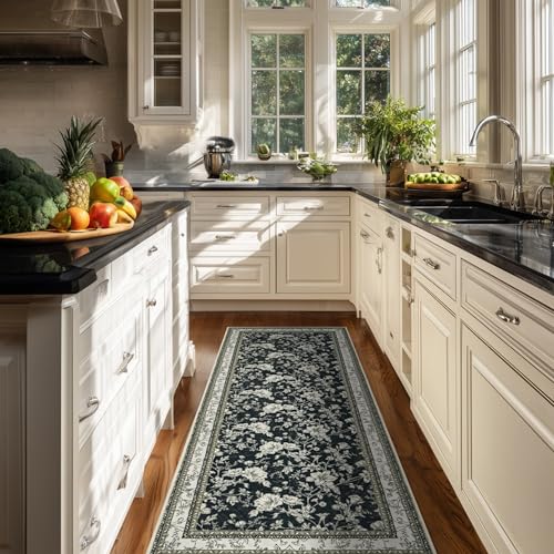 Black Runner Rugs 2x6 for Hallway Kitchen Bedroom Beside Laundry Room Bathroom Rug Boho Modern Washable Non Slip Low Pile Stain Resistant Soft Long Carpet Mat Black Cream Beige Taupe Floral Pattern - color: Sketch Floral Black, size: 2' x 6' (Rectangular)