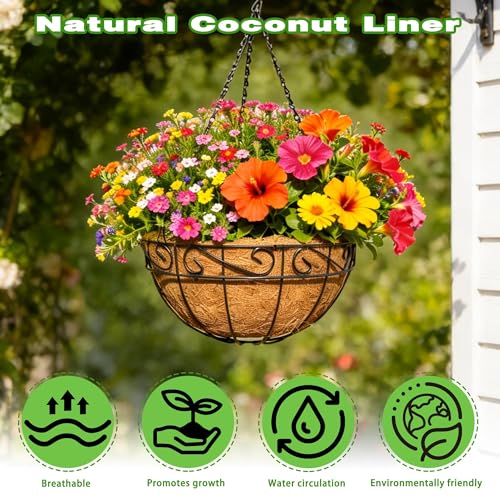 2 Pack 12 Inch Black Metal Hanging Basket Hanging Planter with Coco Coir Liner Heavy Duty Hanging Flower Pot Holder for Indoor Outdoor Patio Garden Porch Balcony Decor (Lace) - color: Lace