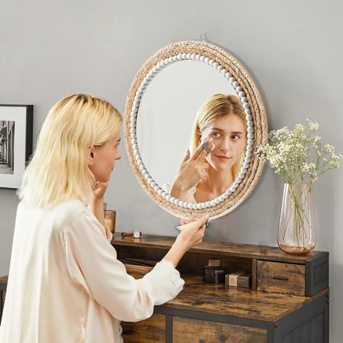 22 Inch Boho Style Decorative Mirror, Round Rattan Wall Hanging Mirror, Nature Rattan Woven Round Mirror, Makeup, Dressing Mirror, Suitable for Dressing Room, Living Room, Bedroom, Farmhouse