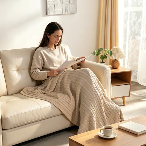 NTBAY 100% Pure Cotton Cable Knit Throw Blanket, Super Soft Warm 51x67 Knitted Throw Blanket for Couch, Sofa, Chair, Bed - Extra Cozy, Machine Washable, Comfortable Home Decor, Khaki - color: Khaki, size: Throw(51"x67")