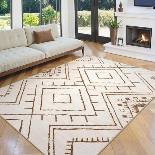 LIVEBOX Western 5x7 Area Rug, Beige Washable Rugs for Living Room Bedroom, Non Slip Moroccan Tribal Rug Low Pile Geometric Soft Boho Area Rugs Diamond Carpet for Dining Room, Nursery Room, Playroom - color: Beige/Brown, size: 5‘ x 7'